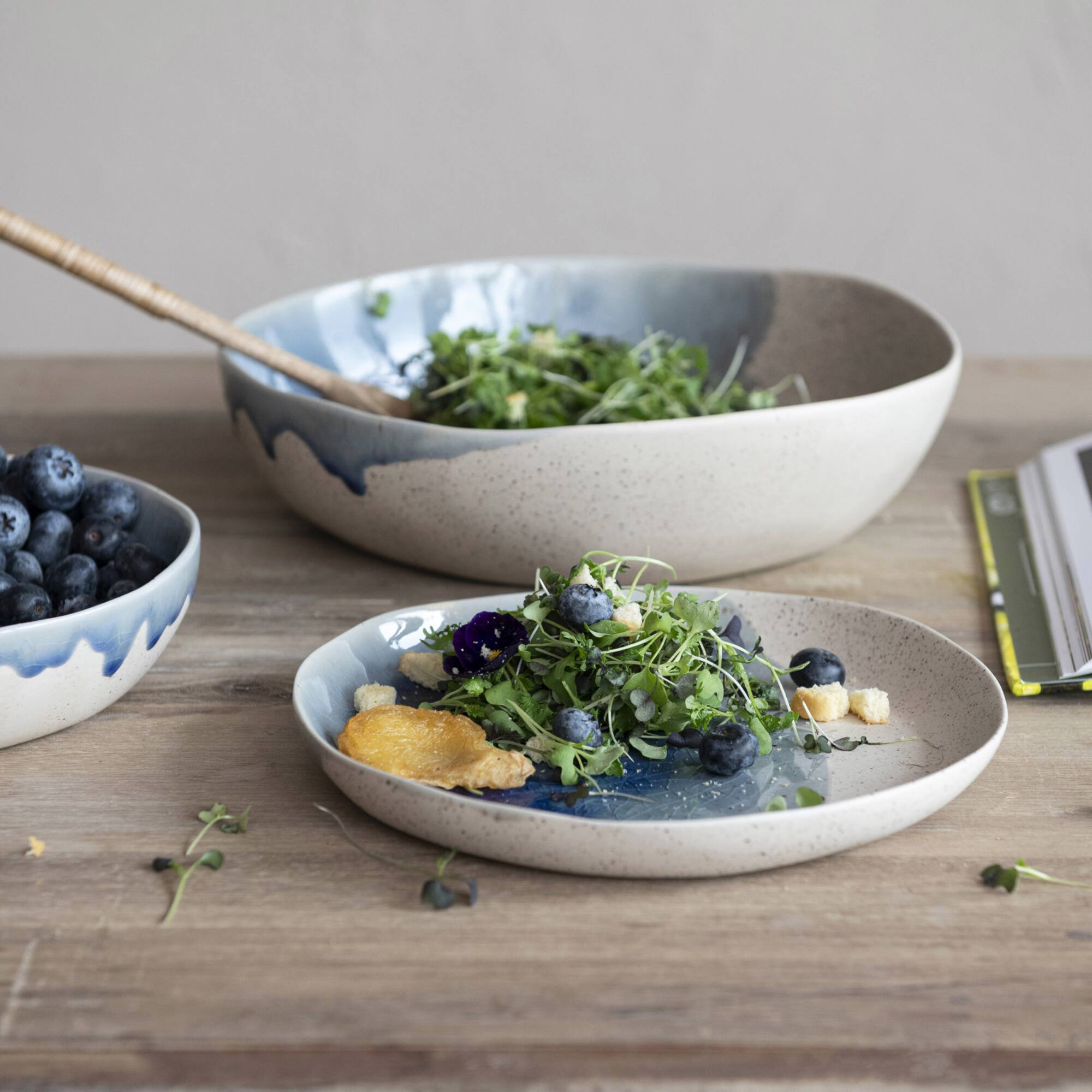Hello Honey® 11" Blue & Cream Crackle Glaze Large Stoneware Serving Bowl